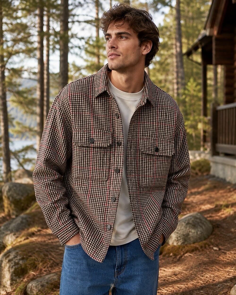 NEW Abercrombie Fitch Flannel Shirt L Shacket Brown Check Relaxed Heavyweight
